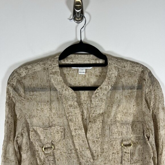 Diane von Furstenberg Beige Brown Sheer Shirt Blouse 100% Silk Sz 4 Designer - Picture 2 of 10